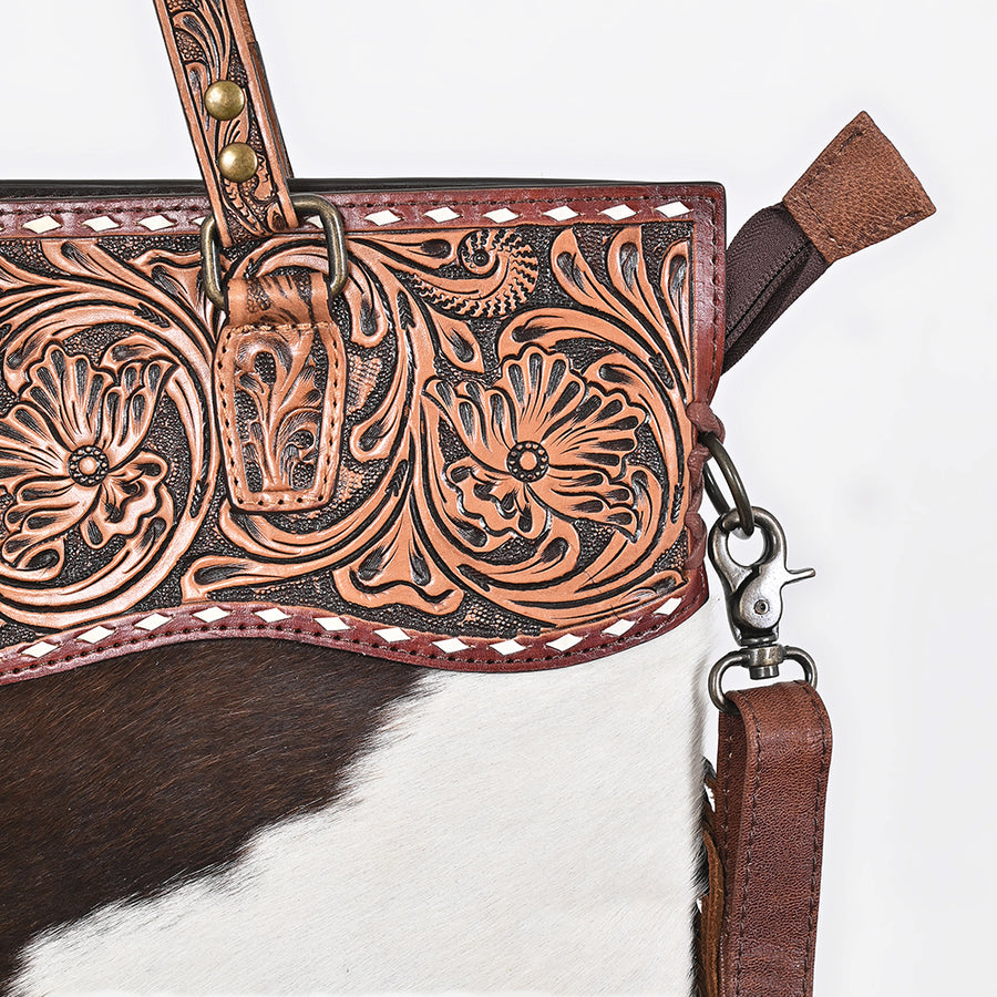 American Darling Tote Bag, Genuine Vegetable-Tanned Leather, Hand Tooled Floral Hair-On Cowhide Western Purse, 16in x 15in