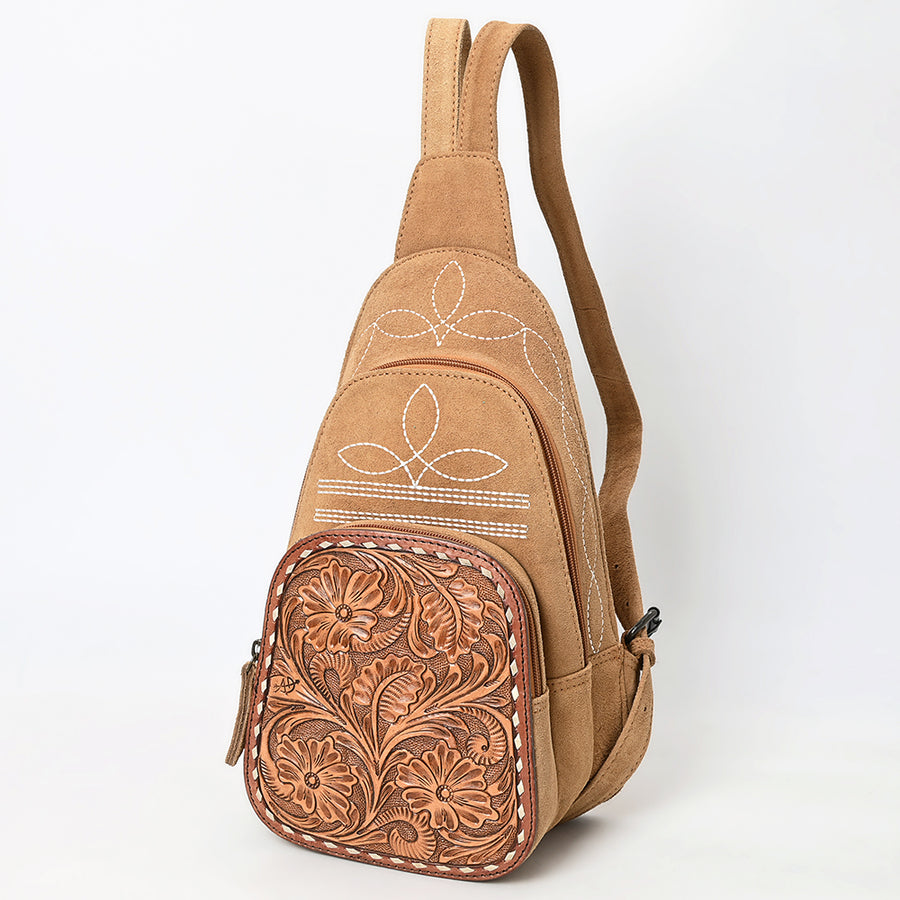 American Darling Genuine Suede Leather Sling Bag with Hand Tooled Floral Front and Buck Stitch Details - Uhorse