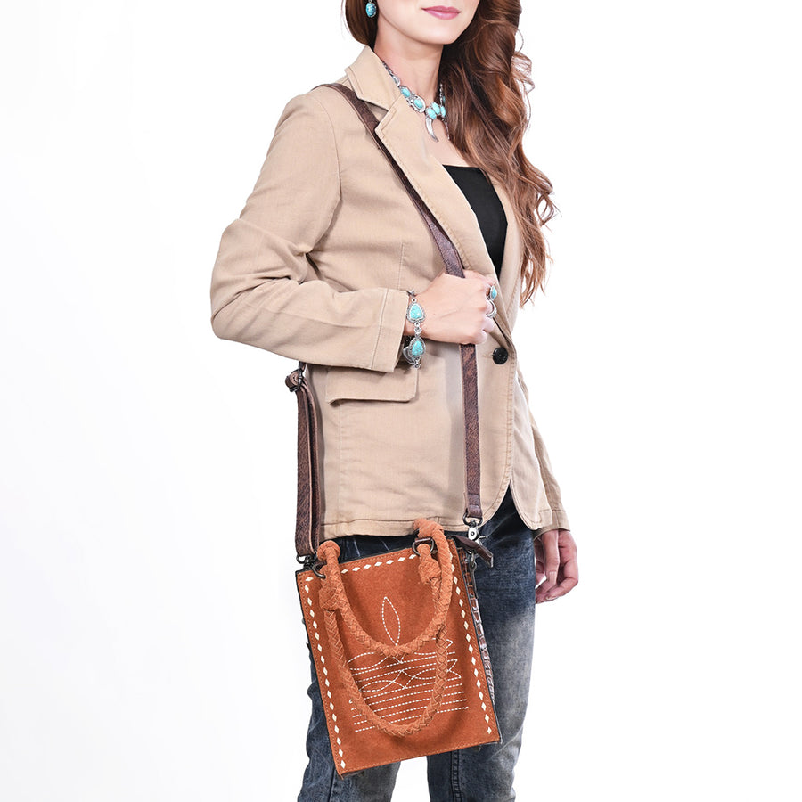 American Darling Tote Bag, Genuine Suede Leather, Boot Stitched Western Purse, 10in x 8in x 3in