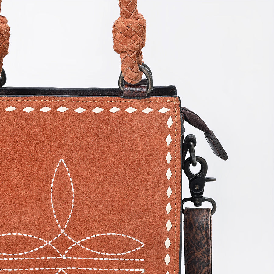 American Darling Tote Bag, Genuine Suede Leather, Boot Stitched Western Purse, 10in x 8in x 3in