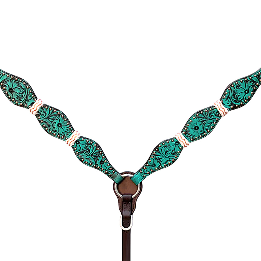 Hilason Western Horse Floral Hand Painted American Leather Tack Set Rawhide Braided Turquoise / Brown