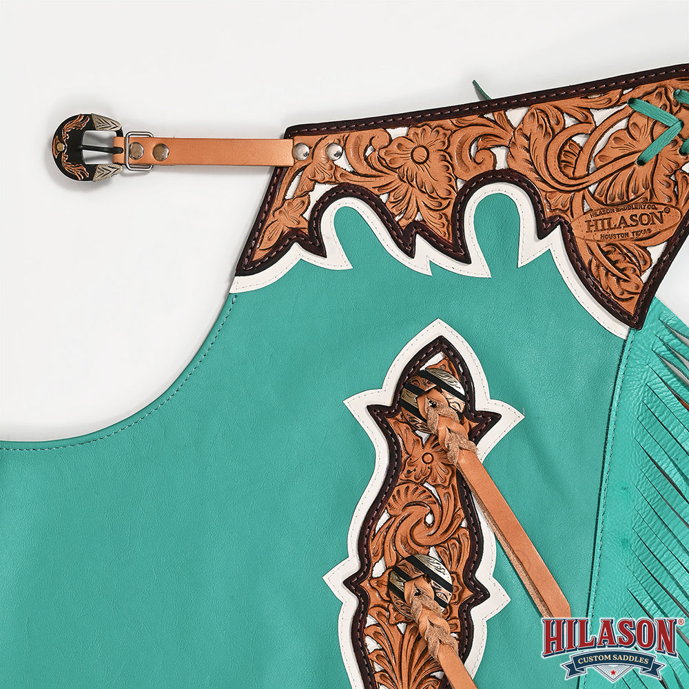 HILASON Pro Rodeo Bull Riding Chaps Genuine Leather Turquoise