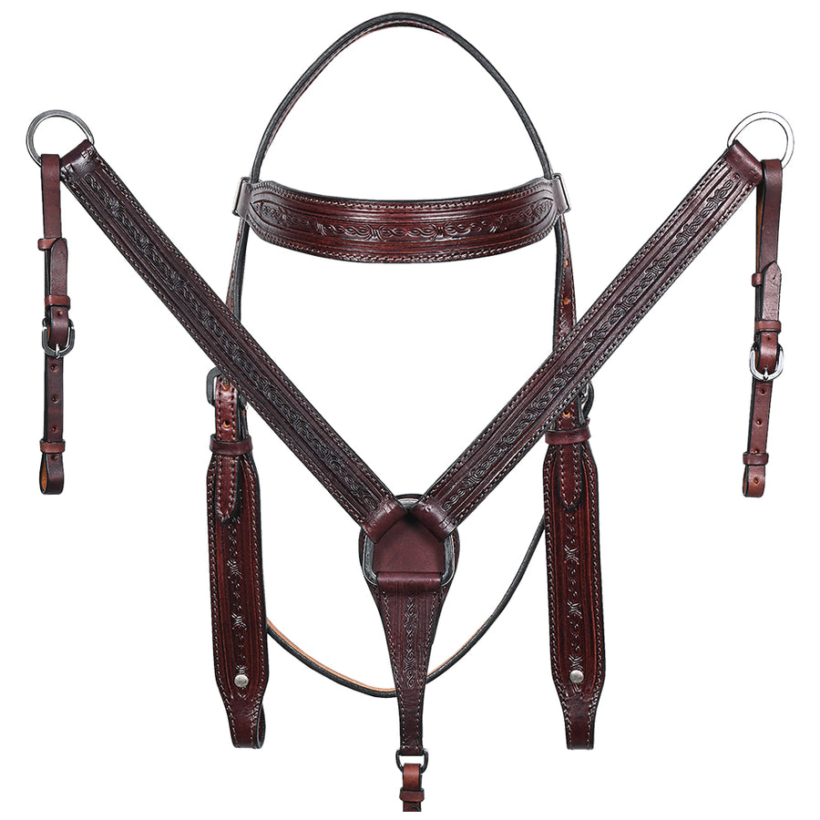 Hilason Western Horse Genuine Leather Headstall Breast Collar Brown Barb Wire Hand Tooled Stainless Steel Hardware - Uhorse