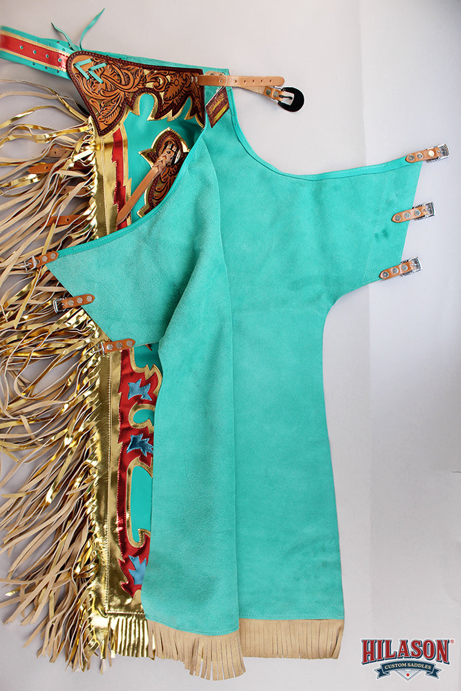 HILASON Pro Rodeo Bull Riding Chaps Genuine Leather Turquoise