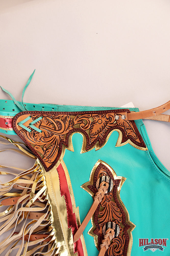 HILASON Pro Rodeo Bull Riding Chaps Genuine Leather Turquoise