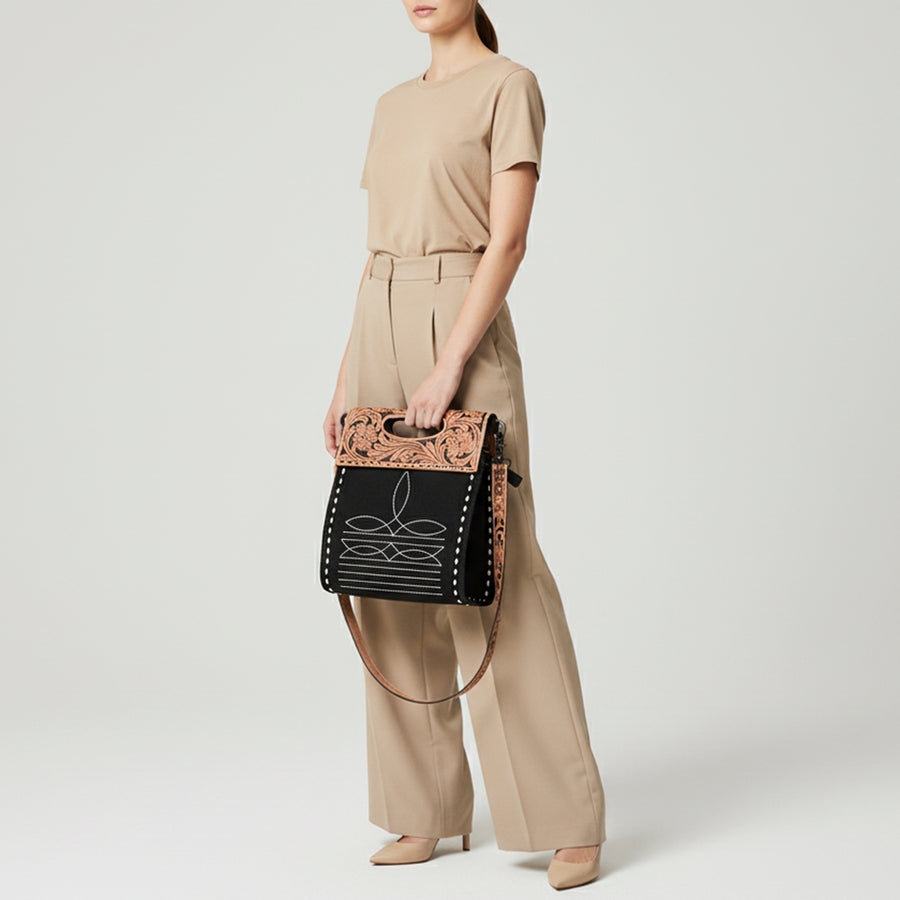 American Darling Clutch Bag, Hand-Tooled Floral Leather & Genuine Suede Western Crossbody Boot Stitching YKK Zipper