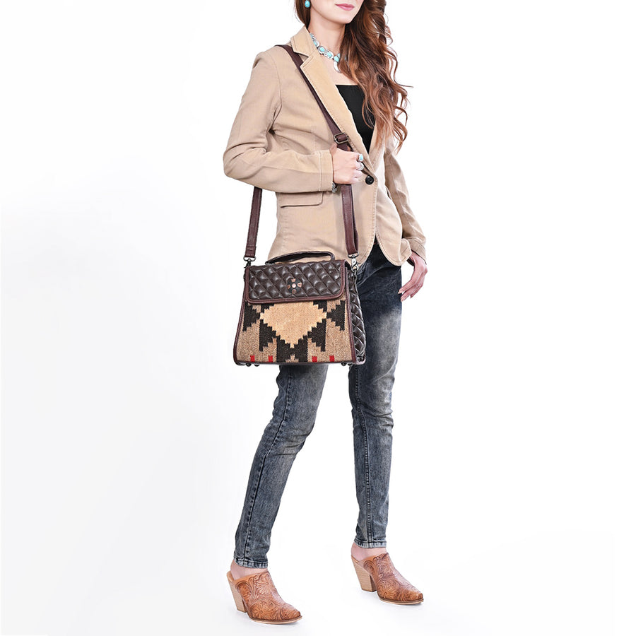 American Darling Messenger Bag, Hand-Woven Saddle Blanket & Quilted Genuine Leather Western Purse with Concho and YKK Zipper