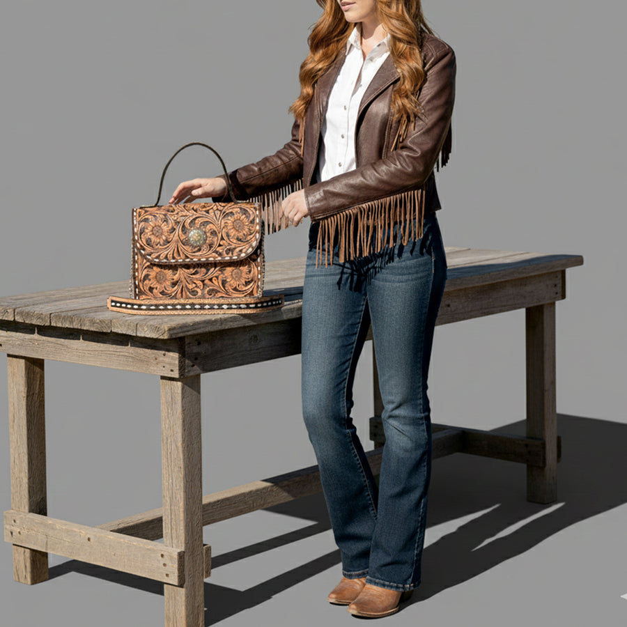 American Darling Genuine Leather Messenger Bag Hand Tooled Floral Carved Buck Stitched Concho Eco-Friendly Full Grain Leather