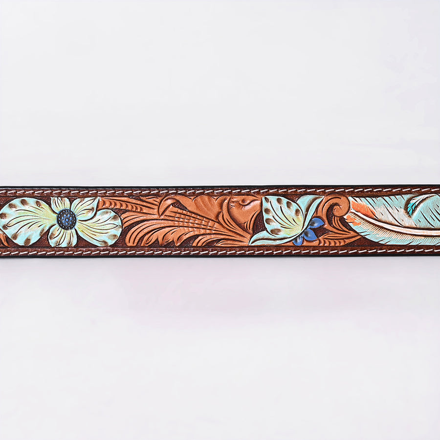 American Darling Floral Hand Carved Painted Belt Buckle Genuine Leather Covered Stylish Brown | Western