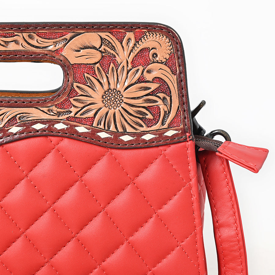 American Darling Hand-Tooled Floral Quilted Clutch Bag for Women - Vegetable-Tanned Genuine Leather Western Accessories