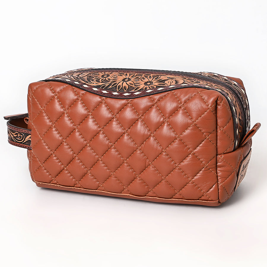 American Darling Western Toiletry Bag with Hand Tooled Floral Carving and Quilted Leather - Uhorse