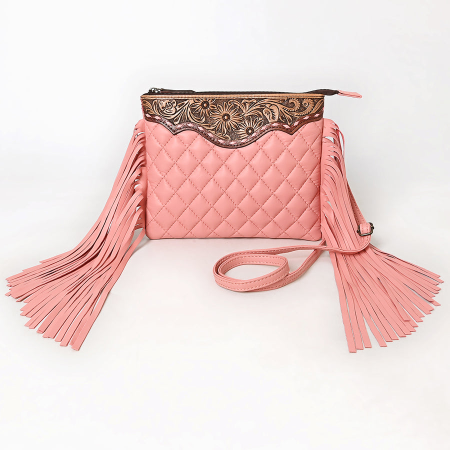 American Darling Western Black Cross Body Bag Handcrafted from Quilted & Tooled Genuine Leather | Full Fringe Accent, Flap Closure & YKK Zipper