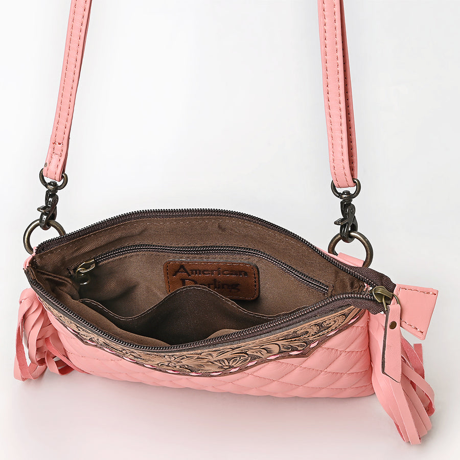 American Darling Western Black Cross Body Bag Handcrafted from Quilted & Tooled Genuine Leather | Full Fringe Accent, Flap Closure & YKK Zipper