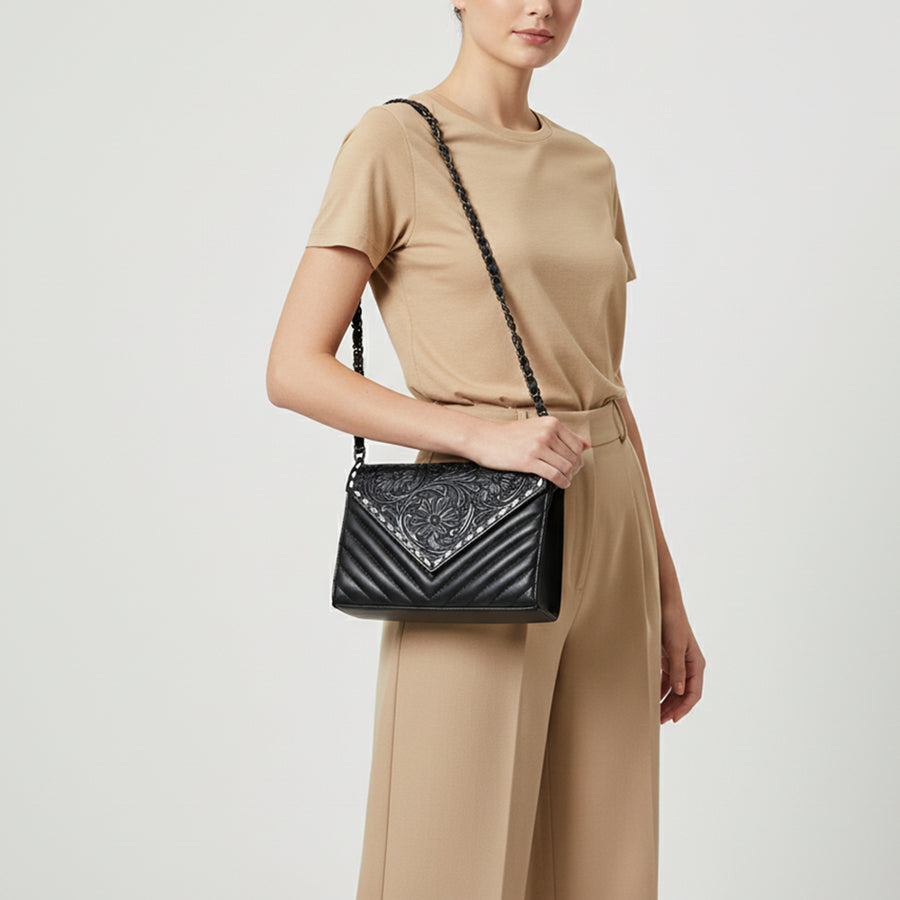 American Darling Envelop Bag, Hand-Tooled Floral & Quilted Genuine Leather Western Crossbody with Buck Stitching and YKK Zipper