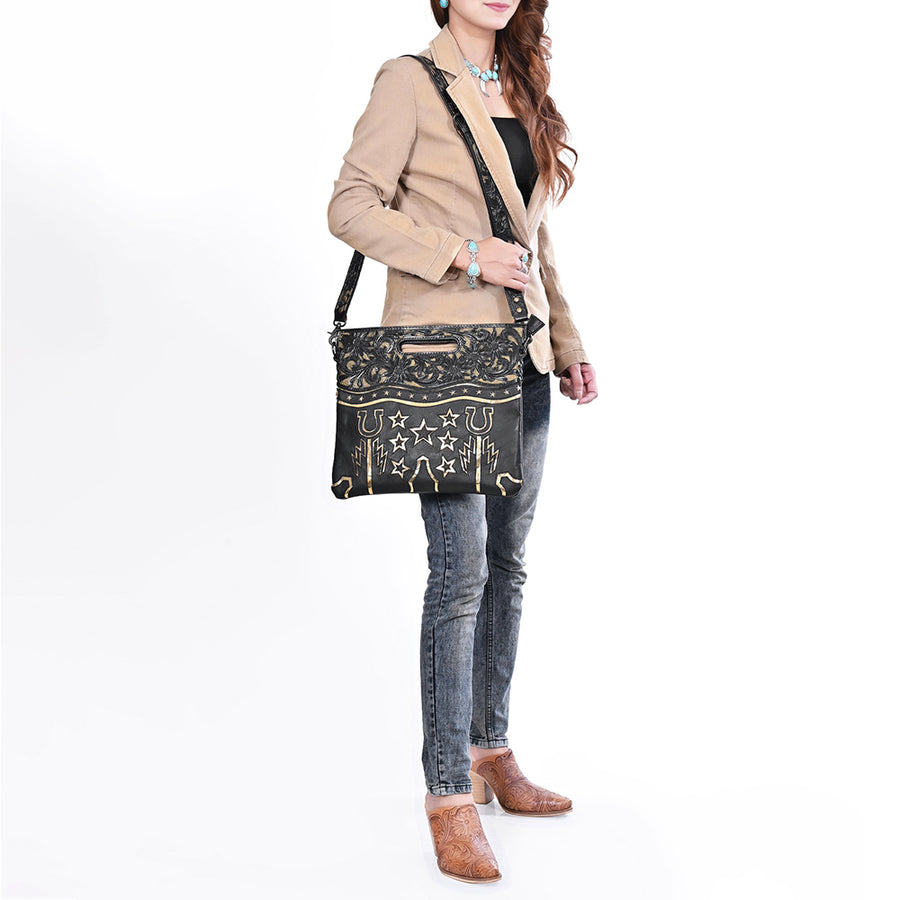 American Darling Clutch Bag, Hand-Tooled Floral Carved Western Genuine Leather Crossbody Purse with YKK Zipper for Women