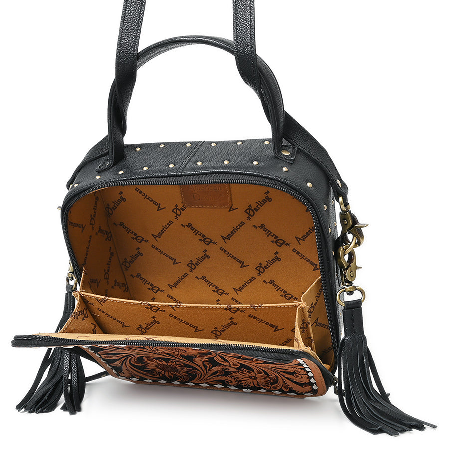 American Darling Large Cross body Bag Hand Tooled Floral Leather Western Purse with Fringes and Buck Stitched Trim