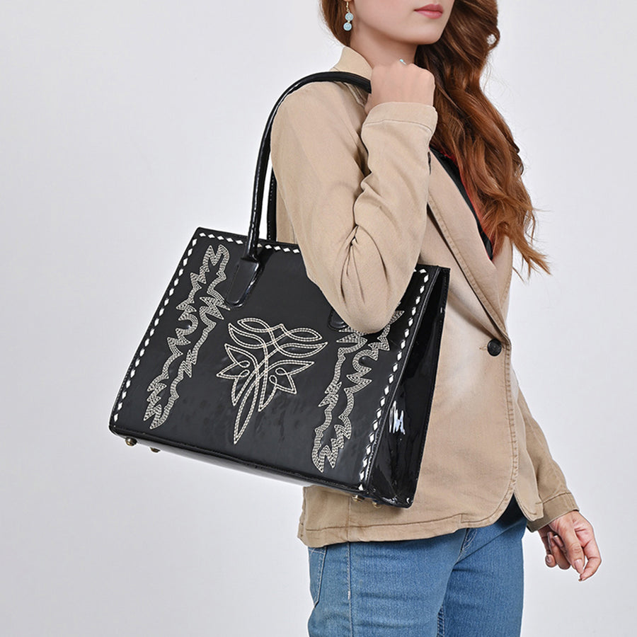 American Darling Embroidered Genuine Leather Tote Bag - Buck-stitched Eco-Friendly Vegetable Tanned Full Grain Purse