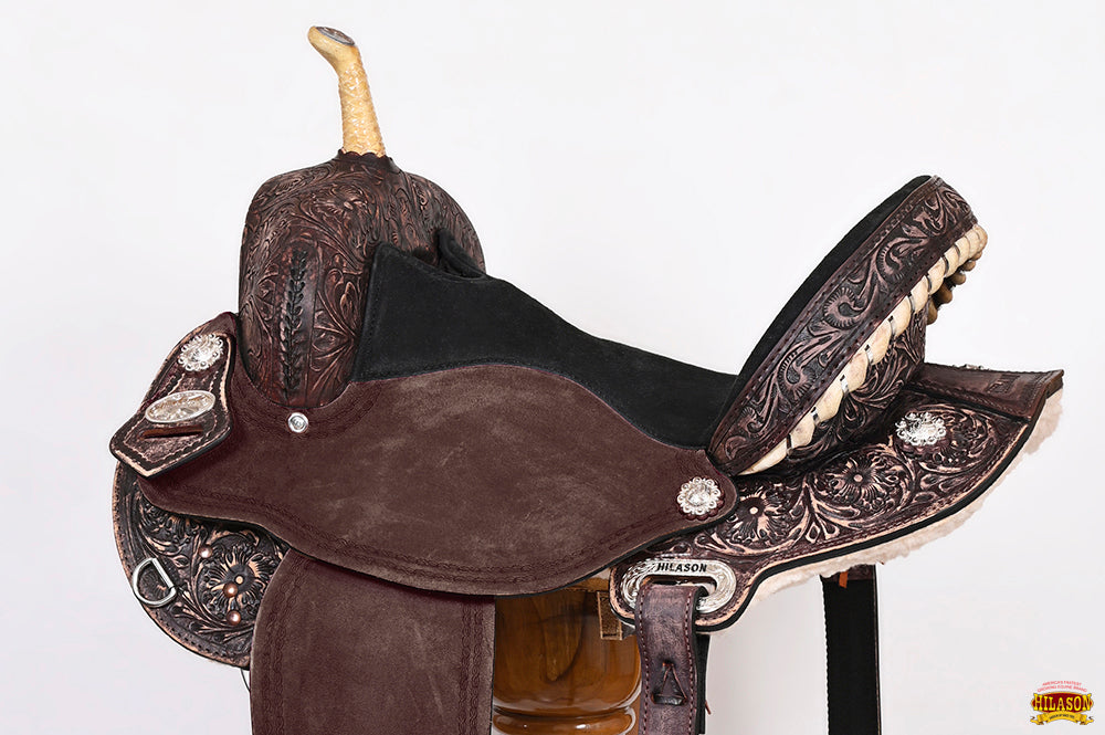 Hilason Western Horse Barrel Flex Tree Trail American Leather Saddle Antique Dark Brown Gorgeous Floral Hand Tooled & Carved