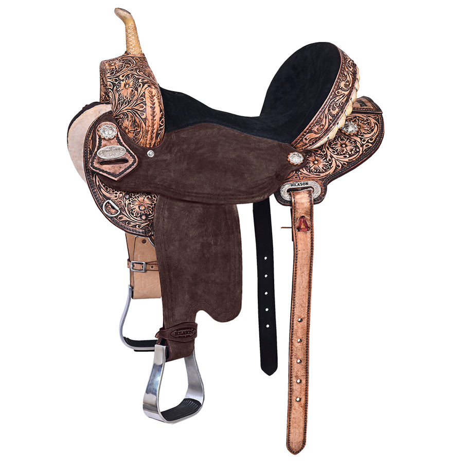 14 In Hilason Western Horse Barrel Flex Tree Trail American Leather Saddle Antique Brown Gorgeous Floral Hand - Uhorse