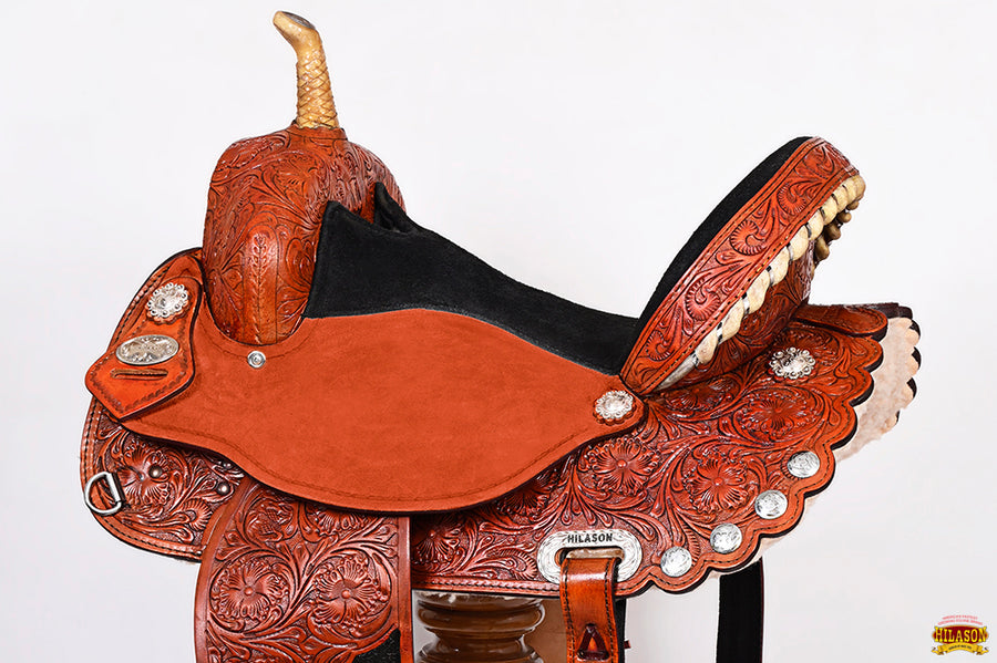 Hilason Western Horse Barrel Flex Tree Trail Saddle American Leather Tan Gorgeous Floral Hand Tooled & Carved