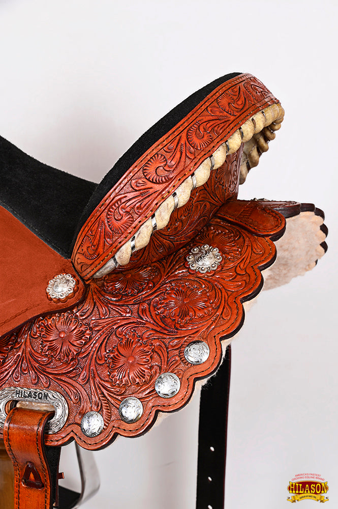 Hilason Western Horse Barrel Flex Tree Trail Saddle American Leather Tan Gorgeous Floral Hand Tooled & Carved