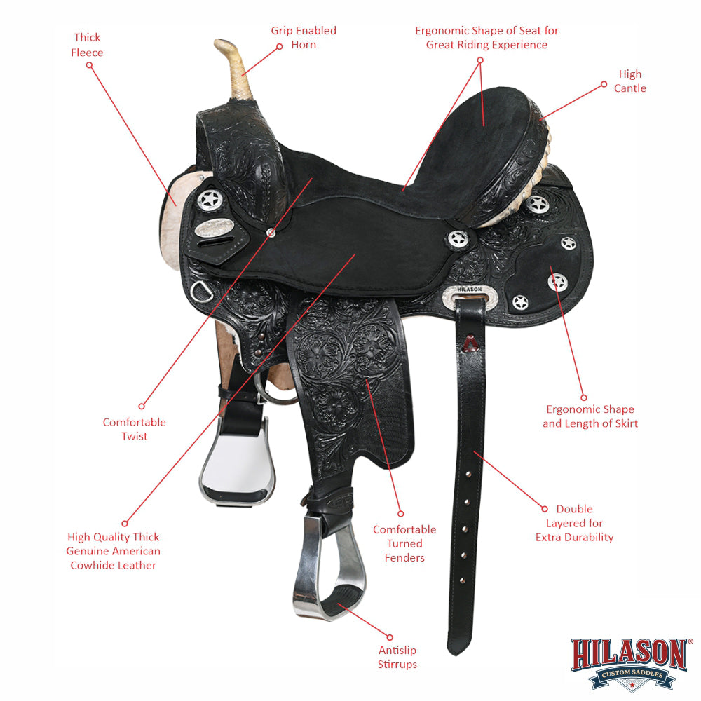 Hilason Flex Tree Western Horse Saddle American Leather Trail Barrel Black With Floral Hand Carved