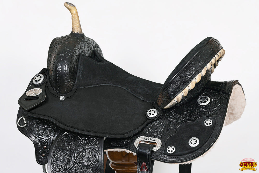 Hilason Flex Tree Western Horse Saddle American Leather Trail Barrel Black With Floral Hand Carved