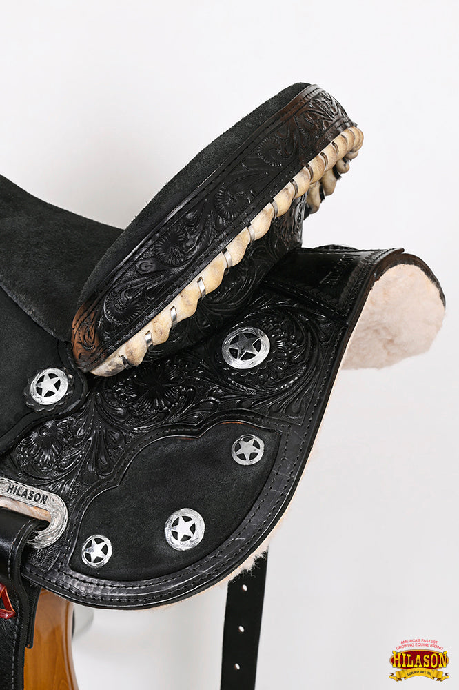 Hilason Flex Tree Western Horse Saddle American Leather Trail Barrel Black With Floral Hand Carved