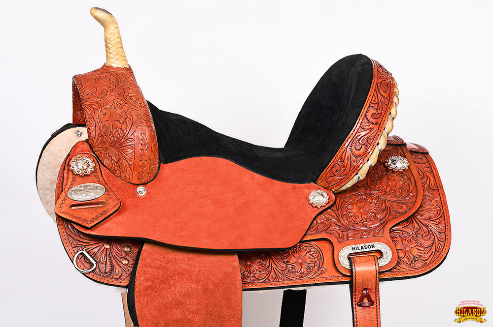 Hilason Western Horse Barrel Flex Tree Trail Saddle American Leather Tan Gorgeous Floral Hand Tooled & Carved
