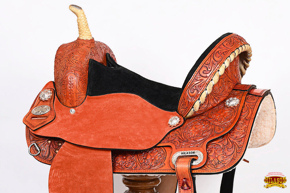 Hilason Western Horse Barrel Flex Tree Trail Saddle American Leather Tan Gorgeous Floral Hand Tooled & Carved