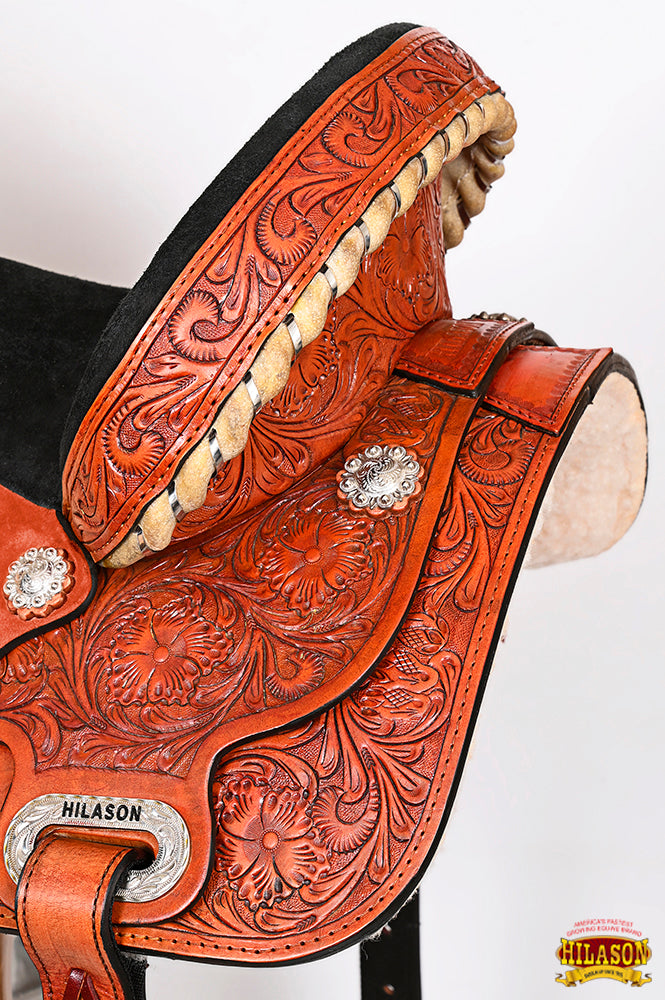 Hilason Western Horse Barrel Flex Tree Trail Saddle American Leather Tan Gorgeous Floral Hand Tooled & Carved