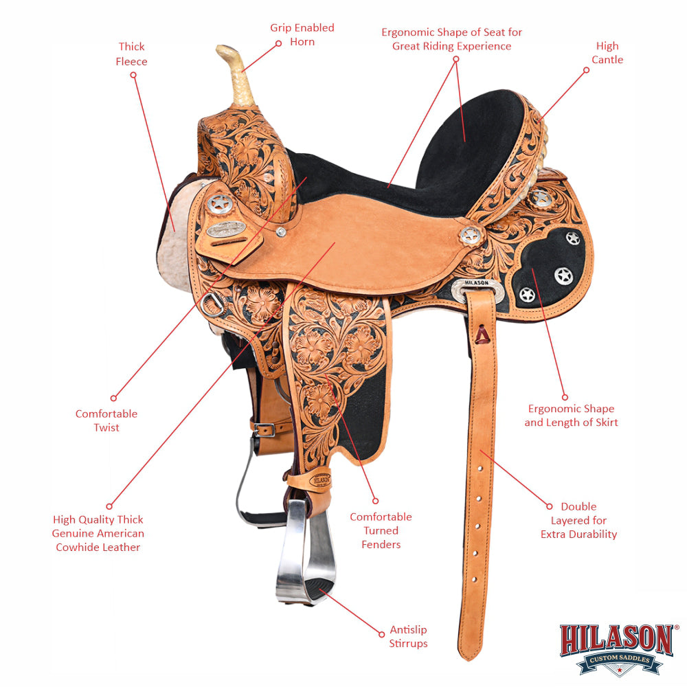 Hilason Flex Tree Western Horse Saddle American Leather Trail Barrel Tan / Black Inlay With Floral Hand Carved