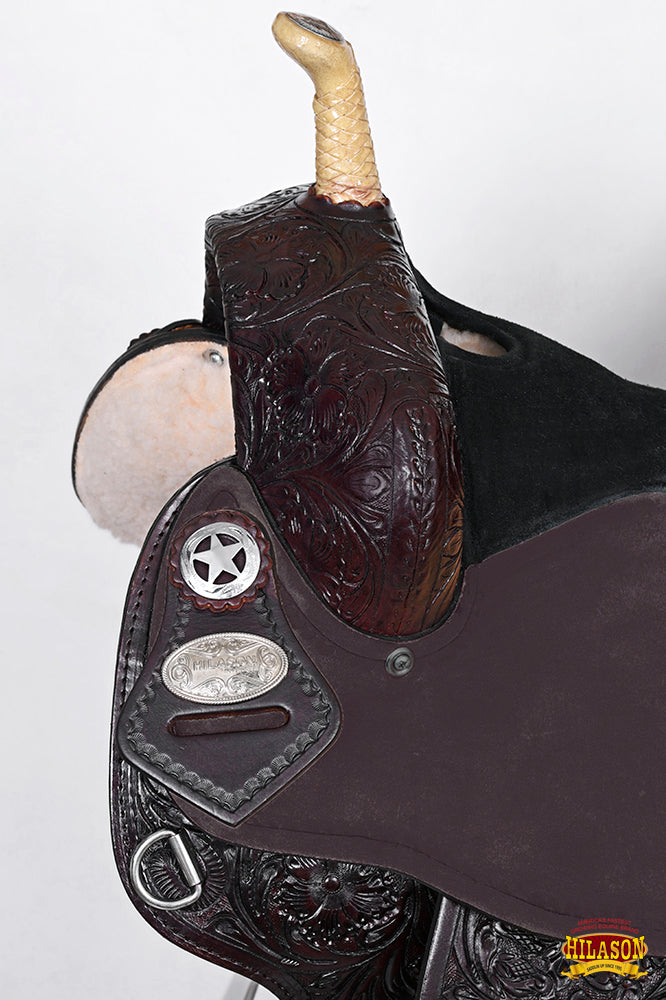 Hilason Flex Tree Western Horse Saddle American Leather Trail Barrel Dark Brown With Floral Hand Carved
