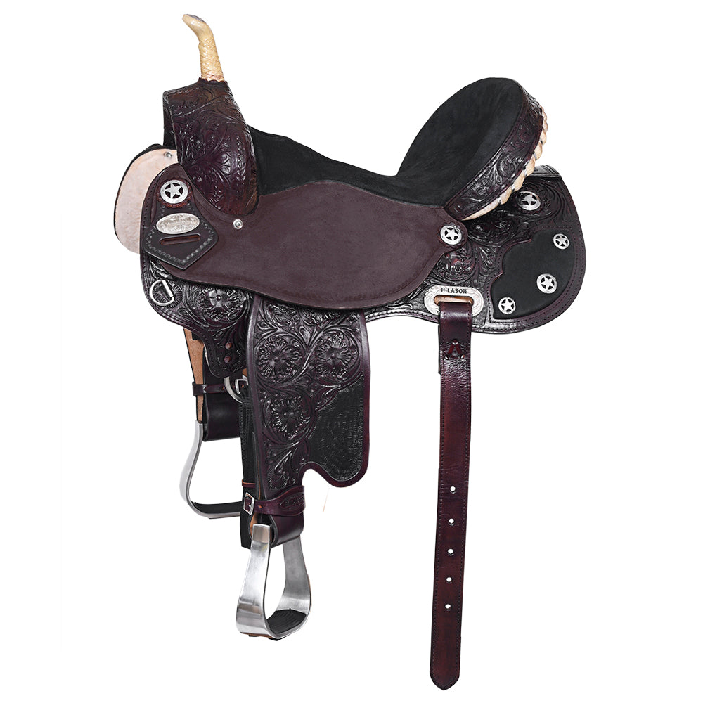 Hilason Flex Tree Western Horse Saddle American Leather Trail Barrel Dark Brown With Floral Hand Carved