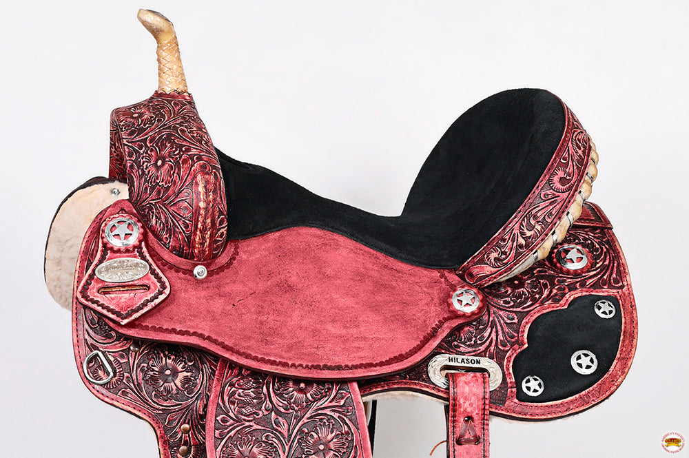 Hilason Flex Tree Western Horse Saddle American Leather Trail Barrel Antique Mahogany With Floral Hand Carved