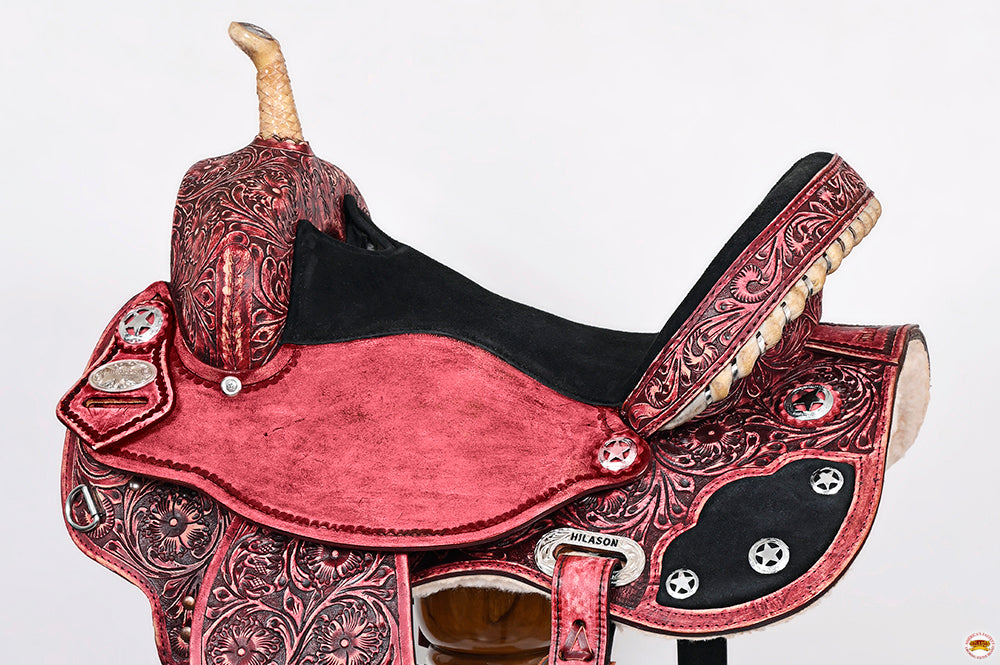 Hilason Flex Tree Western Horse Saddle American Leather Trail Barrel Antique Mahogany With Floral Hand Carved