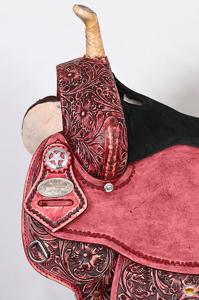 Hilason Flex Tree Western Horse Saddle American Leather Trail Barrel Antique Mahogany With Floral Hand Carved