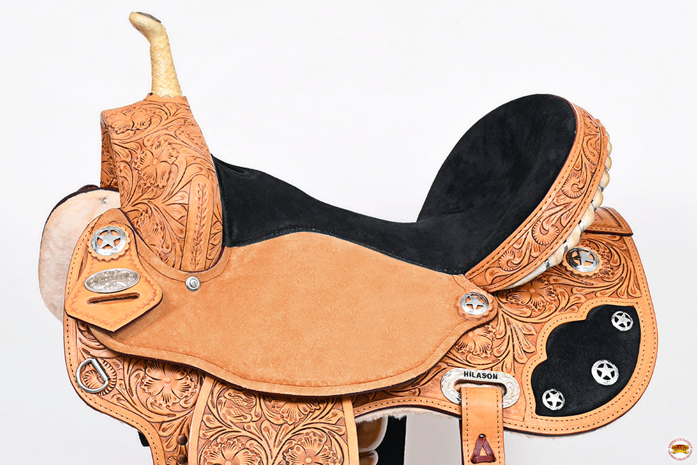 Hilason Flex Tree Western Horse Saddle American Leather Trail Barrel Oiled Tan With Floral Hand Carved