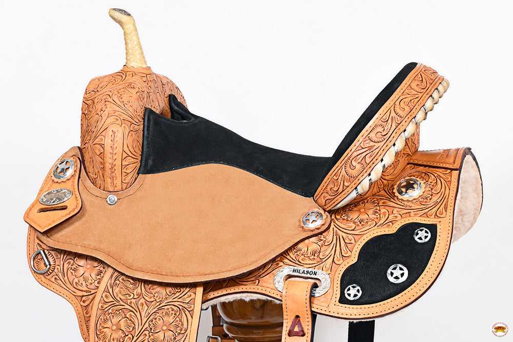 Hilason Flex Tree Western Horse Saddle American Leather Trail Barrel Oiled Tan With Floral Hand Carved