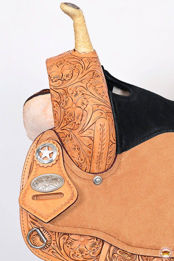 Hilason Flex Tree Western Horse Saddle American Leather Trail Barrel Oiled Tan With Floral Hand Carved