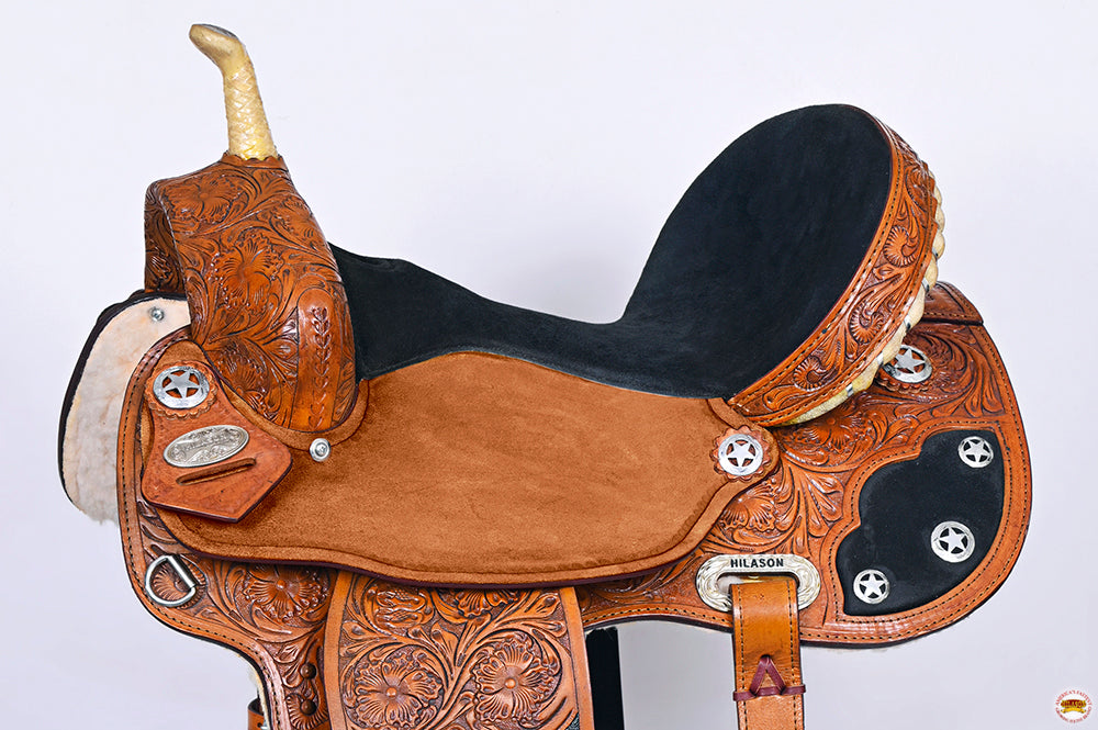 Hilason Flex Tree Western Horse Saddle American Leather Trail Barrel Tan With Floral Hand Carved