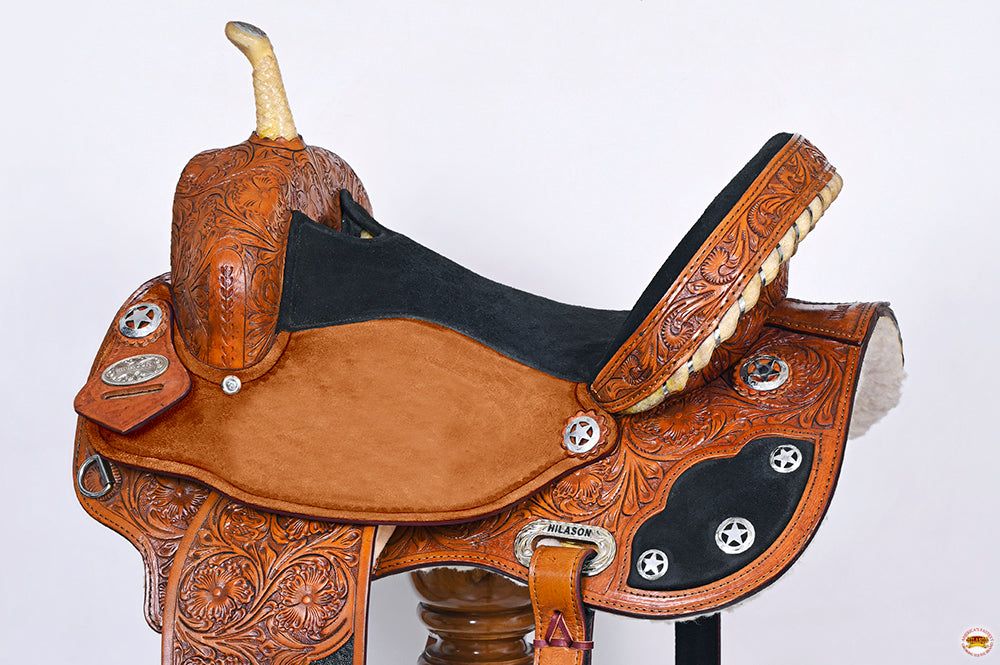 Hilason Flex Tree Western Horse Saddle American Leather Trail Barrel Tan With Floral Hand Carved