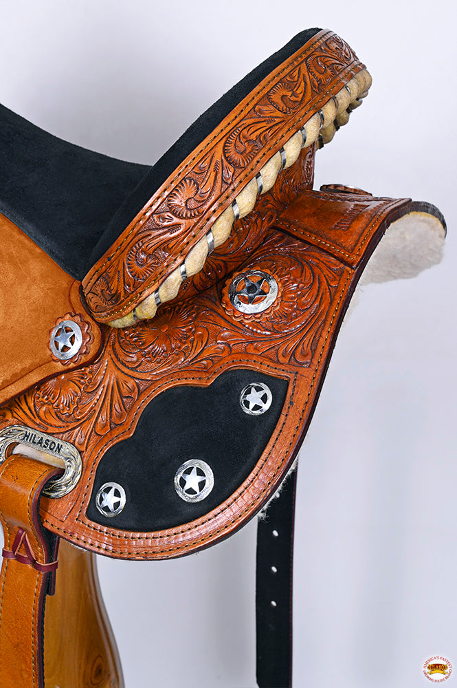 Hilason Flex Tree Western Horse Saddle American Leather Trail Barrel Tan With Floral Hand Carved