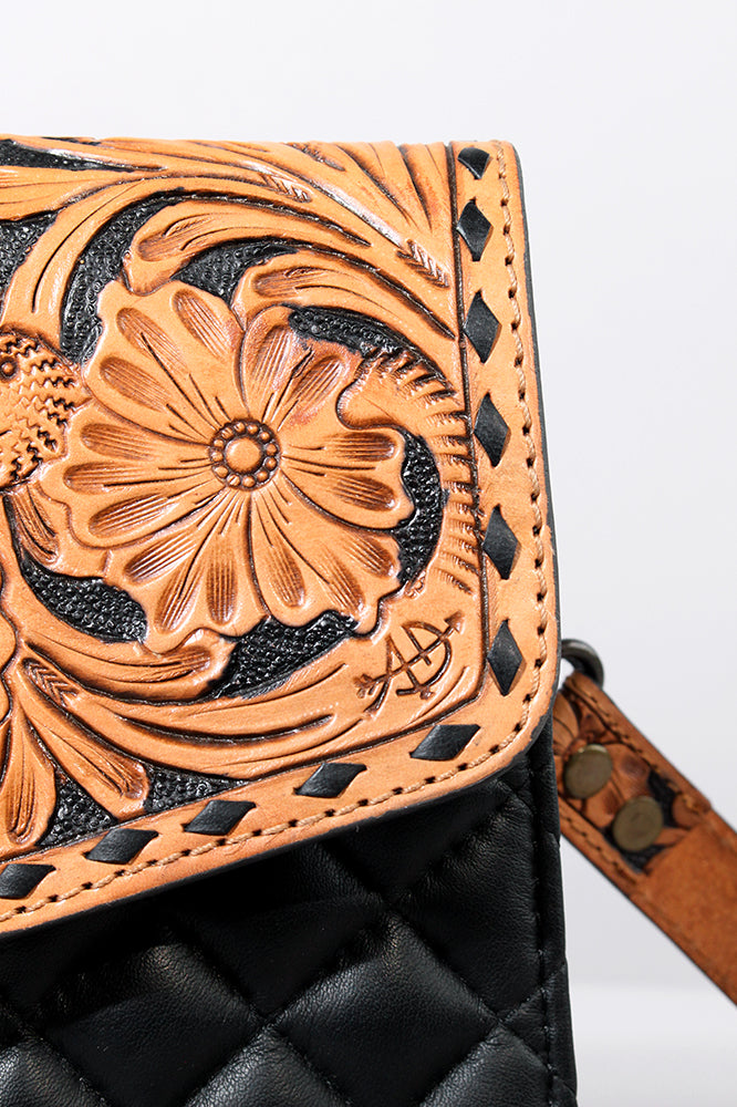 American Darling Hand-Tooled Cross body Bag, Quilted Floral Carved Genuine Leather Western Purse, YKK Zipper