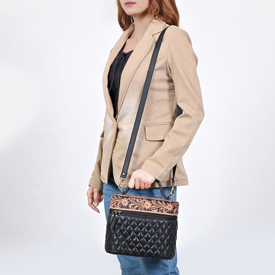 American Darling Quilted Leather Cross body Bag - Hand Tooled Floral Eco-Friendly Vegetable Tanned Full Grain Genuine Leather
