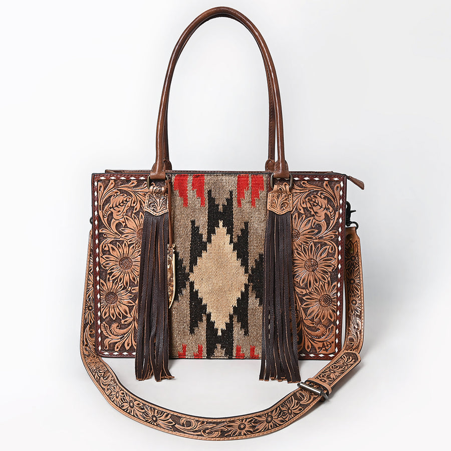 American Darling Hand-Tooled Handcrafted Tote Bag, Floral Carved & Woven Saddle Blanket Leather Western Purse with Fringes