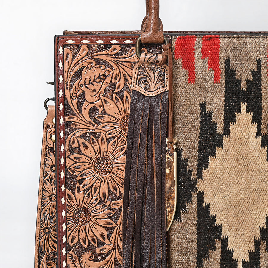 American Darling Hand-Tooled Handcrafted Tote Bag, Floral Carved & Woven Saddle Blanket Leather Western Purse with Fringes