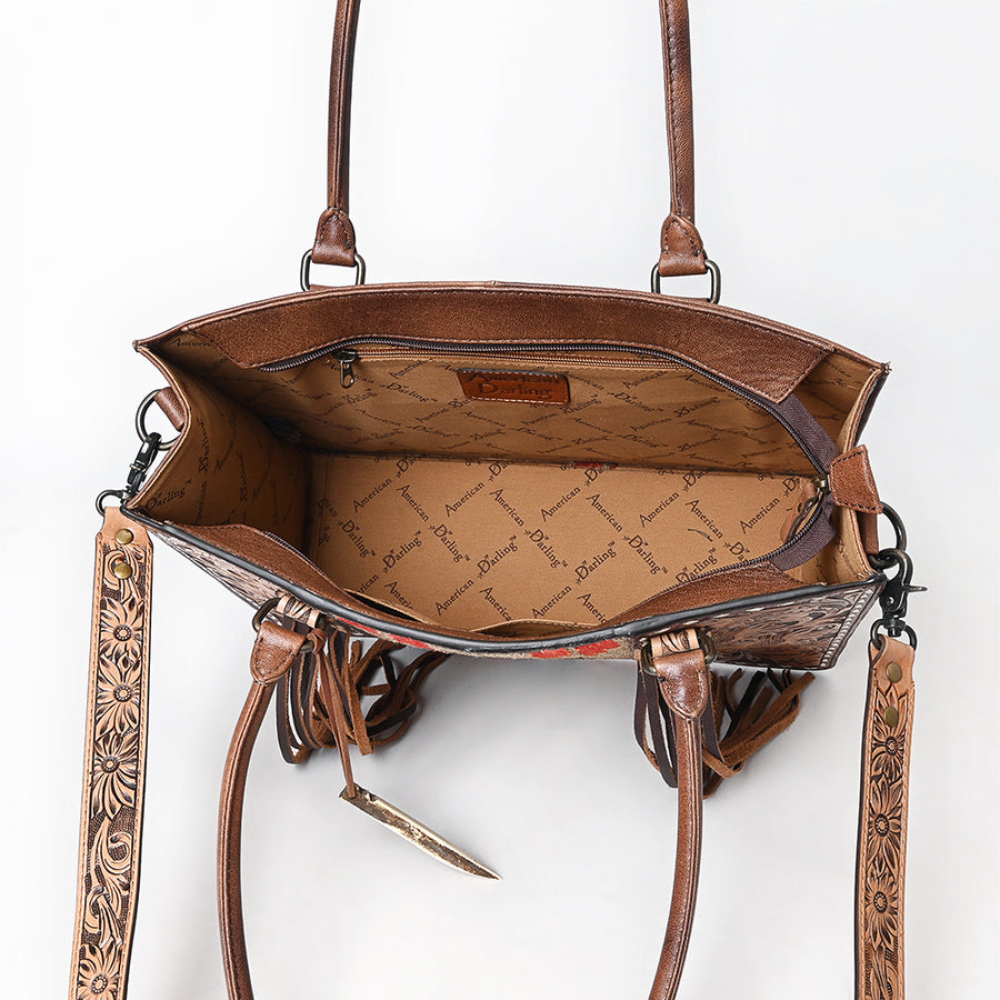 American Darling Hand-Tooled Handcrafted Tote Bag, Floral Carved & Woven Saddle Blanket Leather Western Purse with Fringes