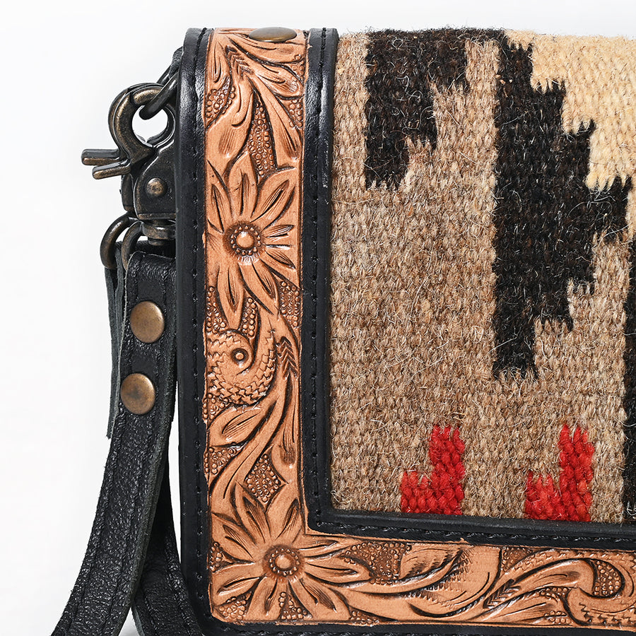 American Darling Organiser Bag, Hand Tooled Floral Carved & Hand Woven Saddle Blanket Genuine Leather Western Purse, 9in Wide