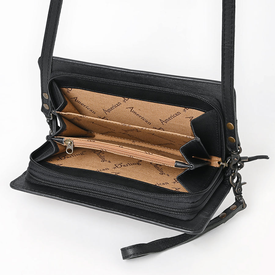 American Darling Organiser Bag, Hand Tooled Floral Carved & Hand Woven Saddle Blanket Genuine Leather Western Purse, 9in Wide